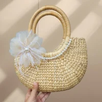 Handmade Rattan Bag with Pearl Chain & White Flower