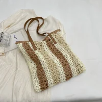 Handmade Straw Shoulder Tote Bag – Beige Stripes