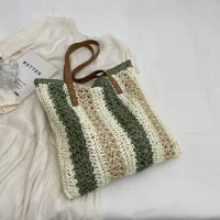 Handmade Straw Shoulder Tote Bag – Green Stripes