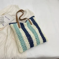 Handmade Straw Shoulder Tote Bag – Blue Stripes