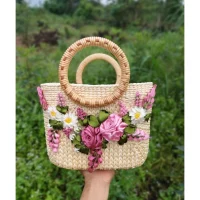 Handmade Straw Tote Bag with Pink Rose Embroidery