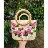 Handmade Straw Tote Bag with Pink Floral Embroidery