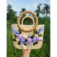 Handmade Straw Tote Bag with Purple Floral Embroidery